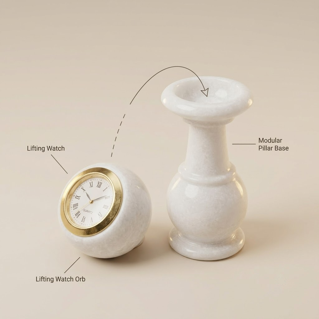 The Royal Khambha Pillar Timepiece: Hand-Carved Natural White Marble Pedestal Clock with Detachable Spherical Watch Head (Meenakari Gold Work / Pure White)ani Duniyaa Handcrafted Marble Pillar Watch – Classic Timepiece in Royal Style