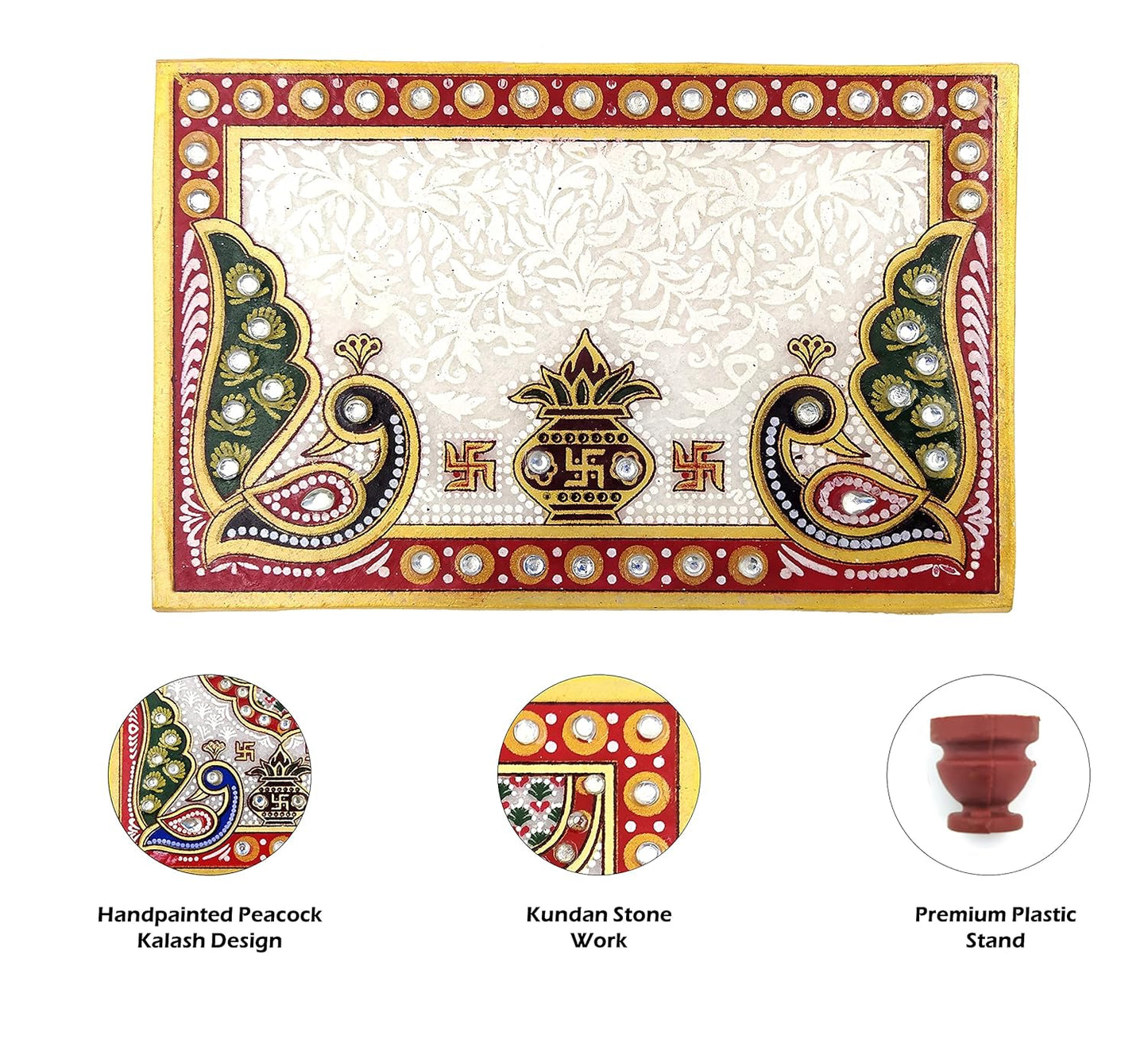 RajasthaniDuniyaa Handcrafted Marble Pooja Chowki – 6 x 4 Inch Rectangular Makrana Marble Bajot with Kalash & Peacock Design