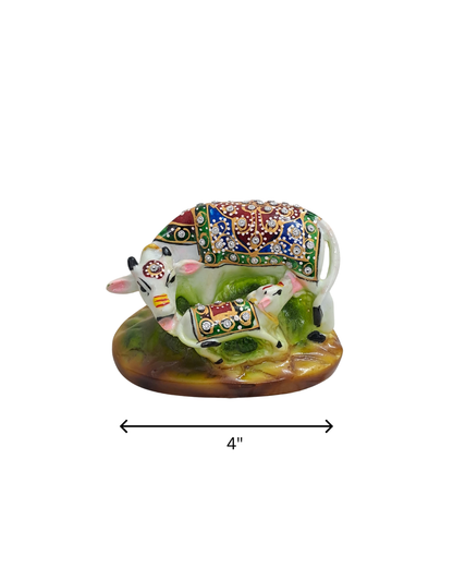 4" White Resin Kamdhenu Cow & Calf Idol with Decorative Carpet | Elegant Pooja Décor