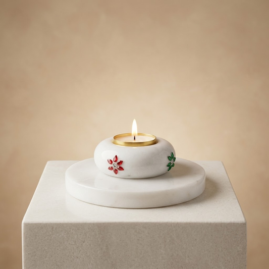 The Oasis Two-Piece Marble Votive Set – Hand-Turned Natural White Marble 5-Inch Tray with Gemstone-Embellished 3-Inch Tealight Holder