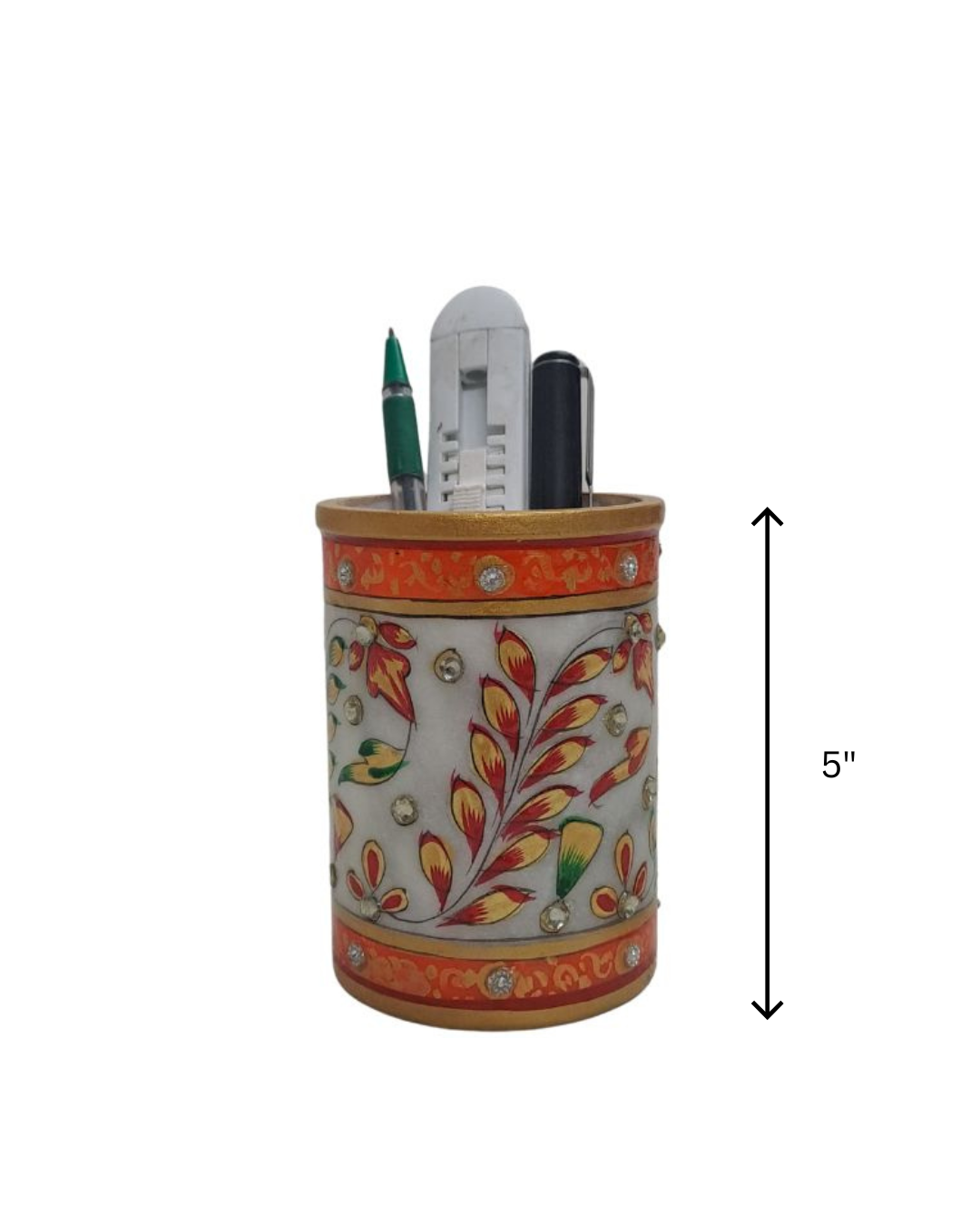 Hand-Painted Marble Pen Stand – Floral Design by Rajasthani Duniyaa