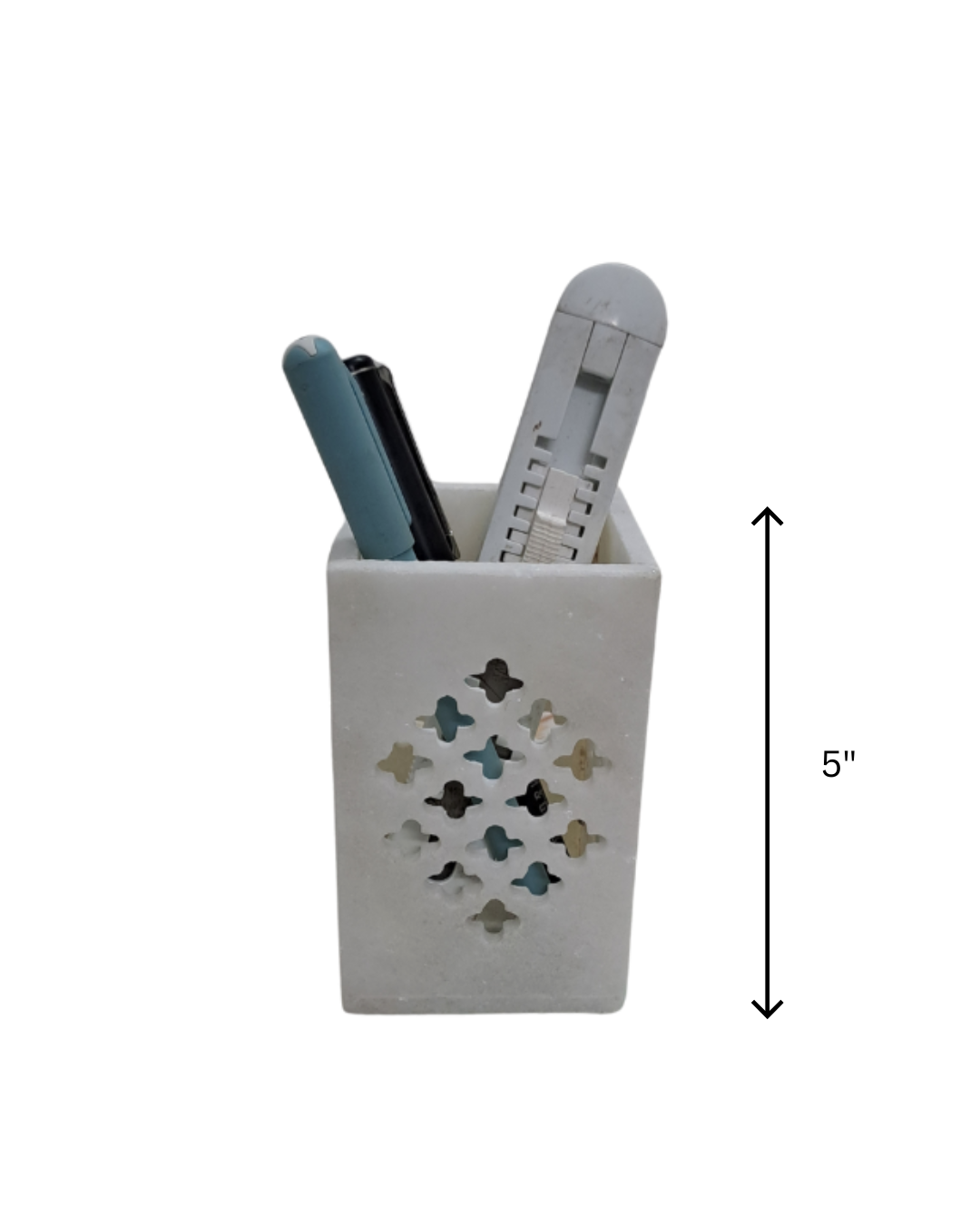 Rajasthani Duniyaa Handcrafted White Marble Pen Stand – Jali Design Desk Organizer