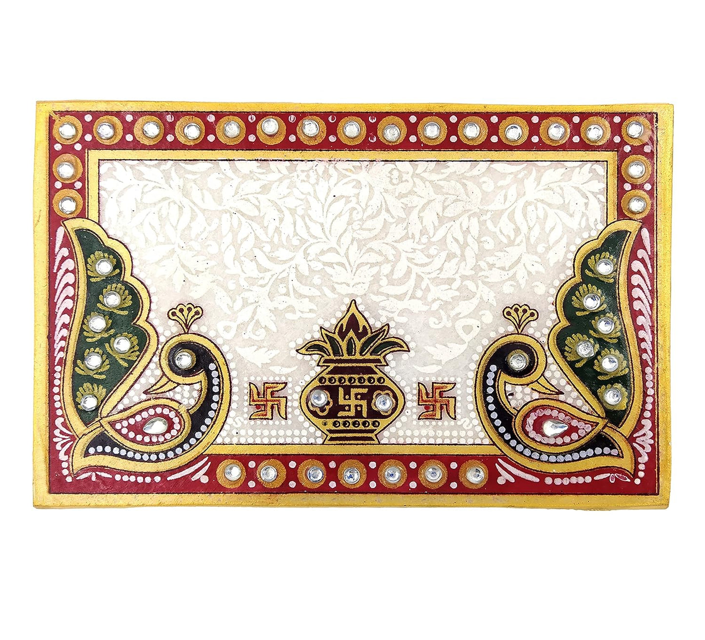 RajasthaniDuniyaa Handcrafted Marble Pooja Chowki – 6 x 4 Inch Rectangular Makrana Marble Bajot with Kalash & Peacock Design