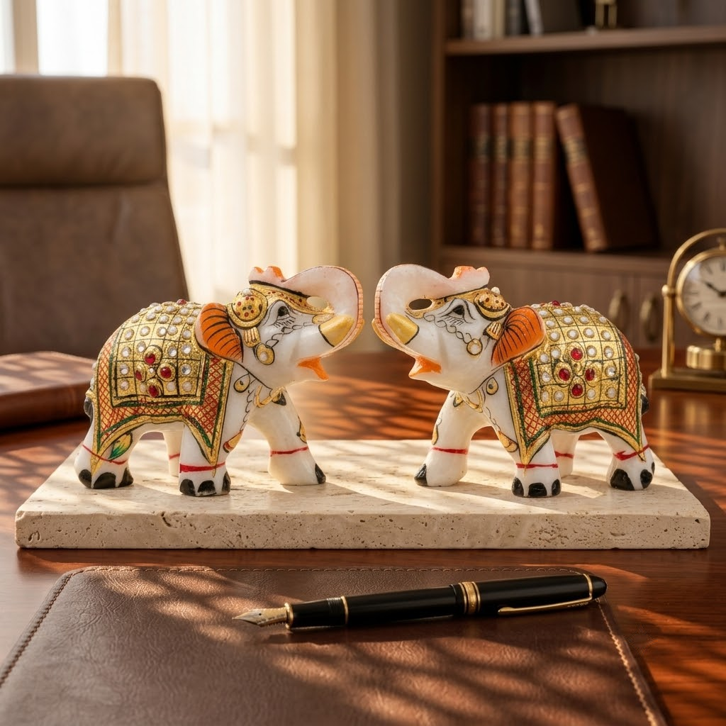 The Royal Ambabari Pair: Hand-Carved Natural White Marble Elephants with Ornate Gold Foil Jhool & Studded Kundan Detailing (Pair of 2)ndcrafted Marble Elephant Pair – Decorative Figurines with Stone & Gold Work