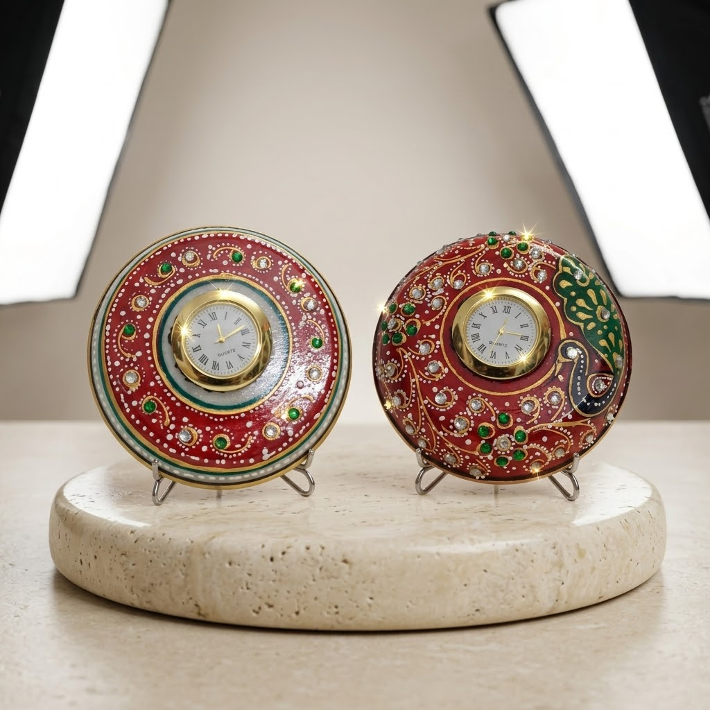 The Royal Chakra Mini Table Clock: Handcrafted Natural White Marble Disk Timepiece with Dual-Pin Easel Support & Embossed Gold Foil Meenakari Work