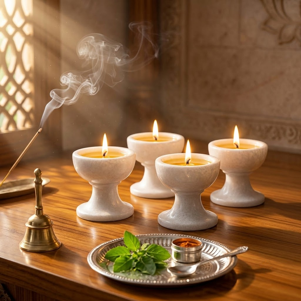 Handcrafted Authentic Makrana White Marble Pedestal Diya Set of 4 – Pure Stone Akhand Jyot Deepam Oil Lamps for Mandir Pooja, Festive Celebrations & Diwali Gifting (2x2 Inch)