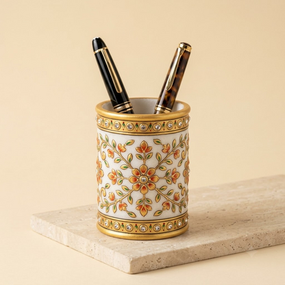 The Imperial Marble Pen & Brush Holder – Lathe-Turned White Marble Desk Organizer with Hand-Painted Mughal-Floral Enamel & Studded Stone Detailing