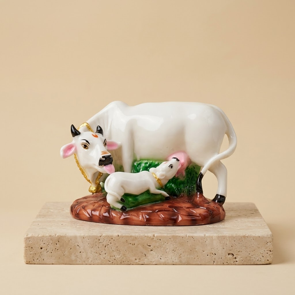 Handcrafted Makrana Marble Pooja Combo – 7" Kamdhenu Cow & Calf Idol, 6x4" Painted Chowki & Set of 4 Pedestal Stone Diyas