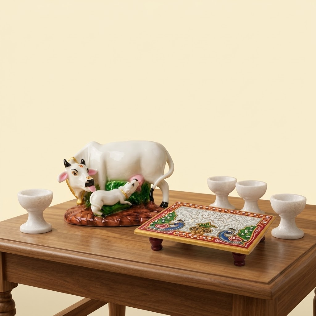 Handcrafted Makrana Marble Pooja Combo – 7" Kamdhenu Cow & Calf Idol, 6x4" Painted Chowki & Set of 4 Pedestal Stone Diyas