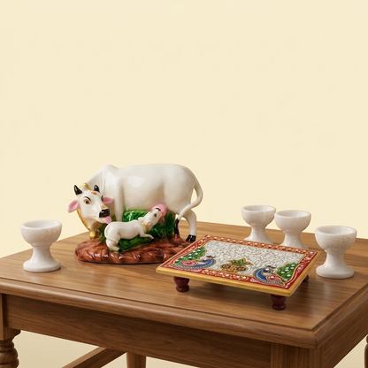 Handcrafted Makrana Marble Pooja Combo – 7" Kamdhenu Cow & Calf Idol, 6x4" Painted Chowki & Set of 4 Pedestal Stone Diyas