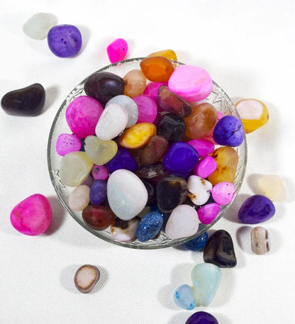 Close-up of smooth tumbled finish and natural multi-color quartz stones