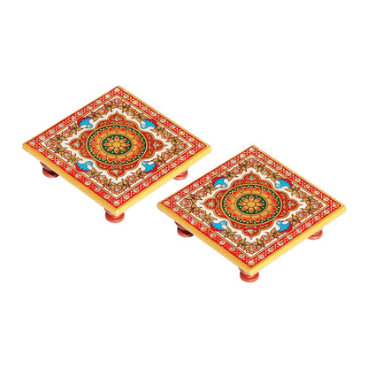 Rajasthaniduniyaa Intricate Floral Painted Marble Chowki (10.2 cm x 10.2 cm x 2.55 cm, Set of 2, multicolour)