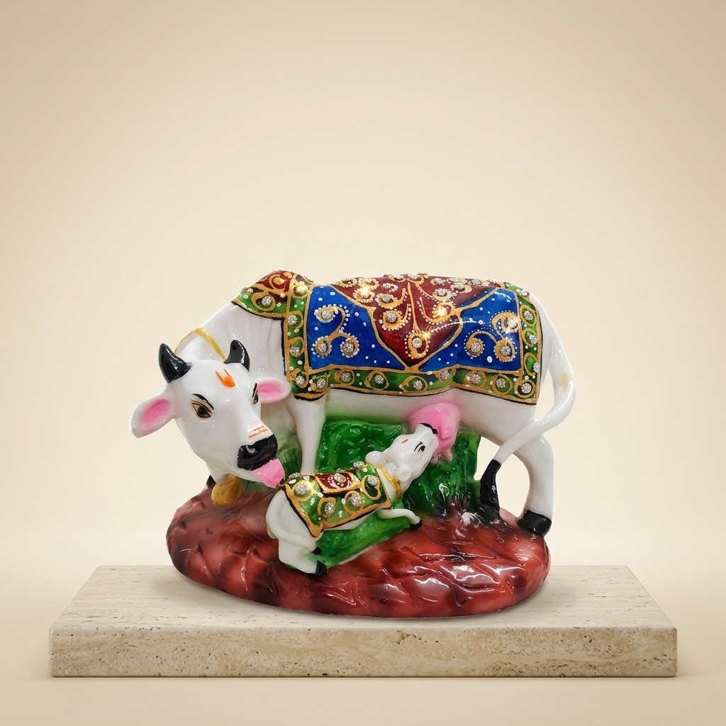 Handcrafted Royal Meenakari White Resin Kamdhenu Cow and Calf Idol with Multicolor Carpet Jhool & Kundan Work (7 Inch Width) – Sacred Gau Mata Murti for Mandir, Vastu Serenity, Living Room Decor & Griha Pravesh Gifting