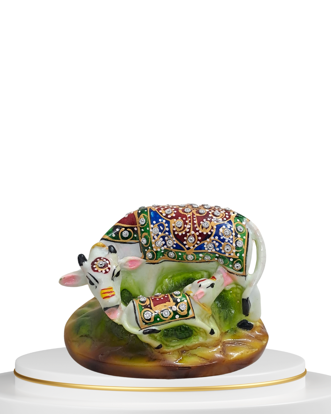 4" White Resin Kamdhenu Cow & Calf Idol with Decorative Carpet | Elegant Pooja Décor