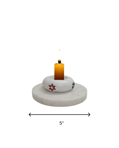 Marble Candle Stand Set | 5" Plate + 3" Dibbi | Gemstone Studded | Handcrafted