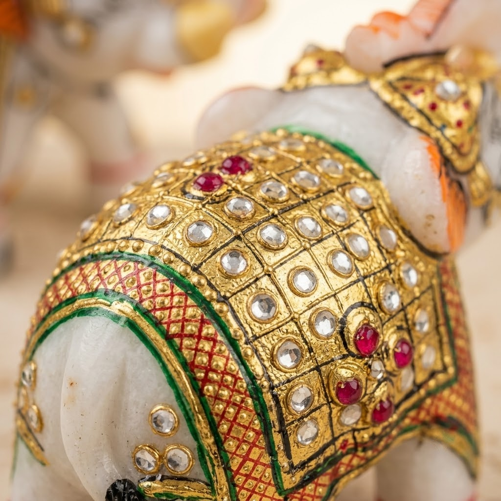 The Royal Ambabari Pair: Hand-Carved Natural White Marble Elephants with Ornate Gold Foil Jhool & Studded Kundan Detailing (Pair of 2)ndcrafted Marble Elephant Pair – Decorative Figurines with Stone & Gold Work