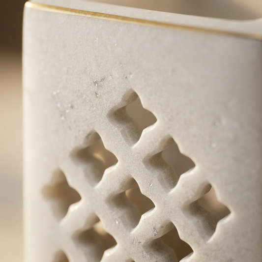 The Jali Monolith Marble Pen Holder – Hand-Carved Natural White Marble Square Desk Caddy with Intricate Geometric Openwork Lattice