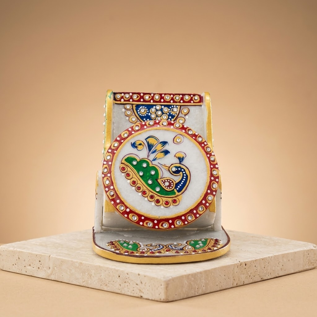 Handcrafted White Marble Smartphone Stand & Desk Organizer (Royal Peacock / Analog Clock)