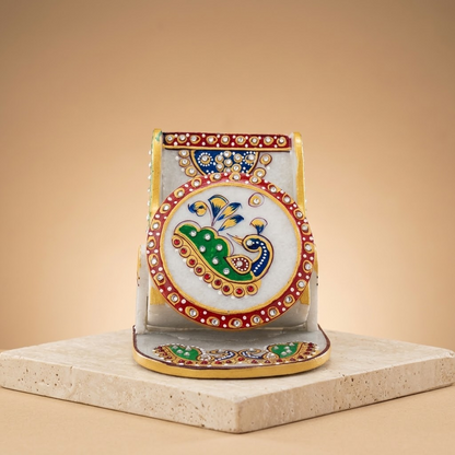 Handcrafted White Marble Smartphone Stand & Desk Organizer (Royal Peacock / Analog Clock)