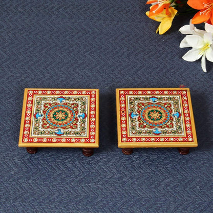 Rajasthaniduniyaa Intricate Floral Painted Marble Chowki (10.2 cm x 10.2 cm x 2.55 cm, Set of 2, multicolour)