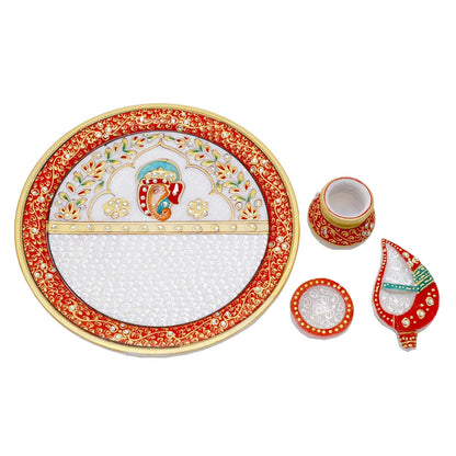 Rajasthaniduniyaa Handcrafted Marble Pooja Thali – Multicolor Meenakari & Kundan Design (9-Inch)