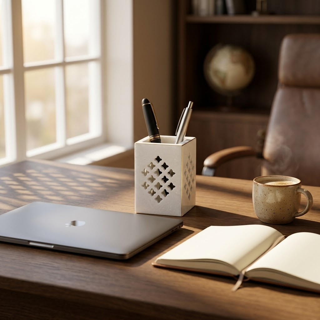 The Jali Monolith Marble Pen Holder – Hand-Carved Natural White Marble Square Desk Caddy with Intricate Geometric Openwork Lattice