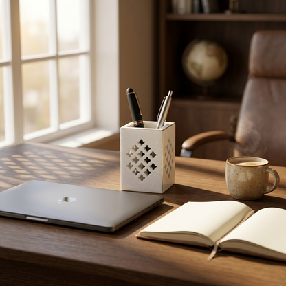 The Jali Monolith Marble Pen Holder – Hand-Carved Natural White Marble Square Desk Caddy with Intricate Geometric Openwork Lattice