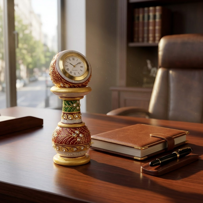The Royal Khambha Pillar Timepiece: Hand-Carved Natural White Marble Pedestal Clock with Detachable Spherical Watch Head (Meenakari Gold Work / Pure White)ani Duniyaa Handcrafted Marble Pillar Watch – Classic Timepiece in Royal Style