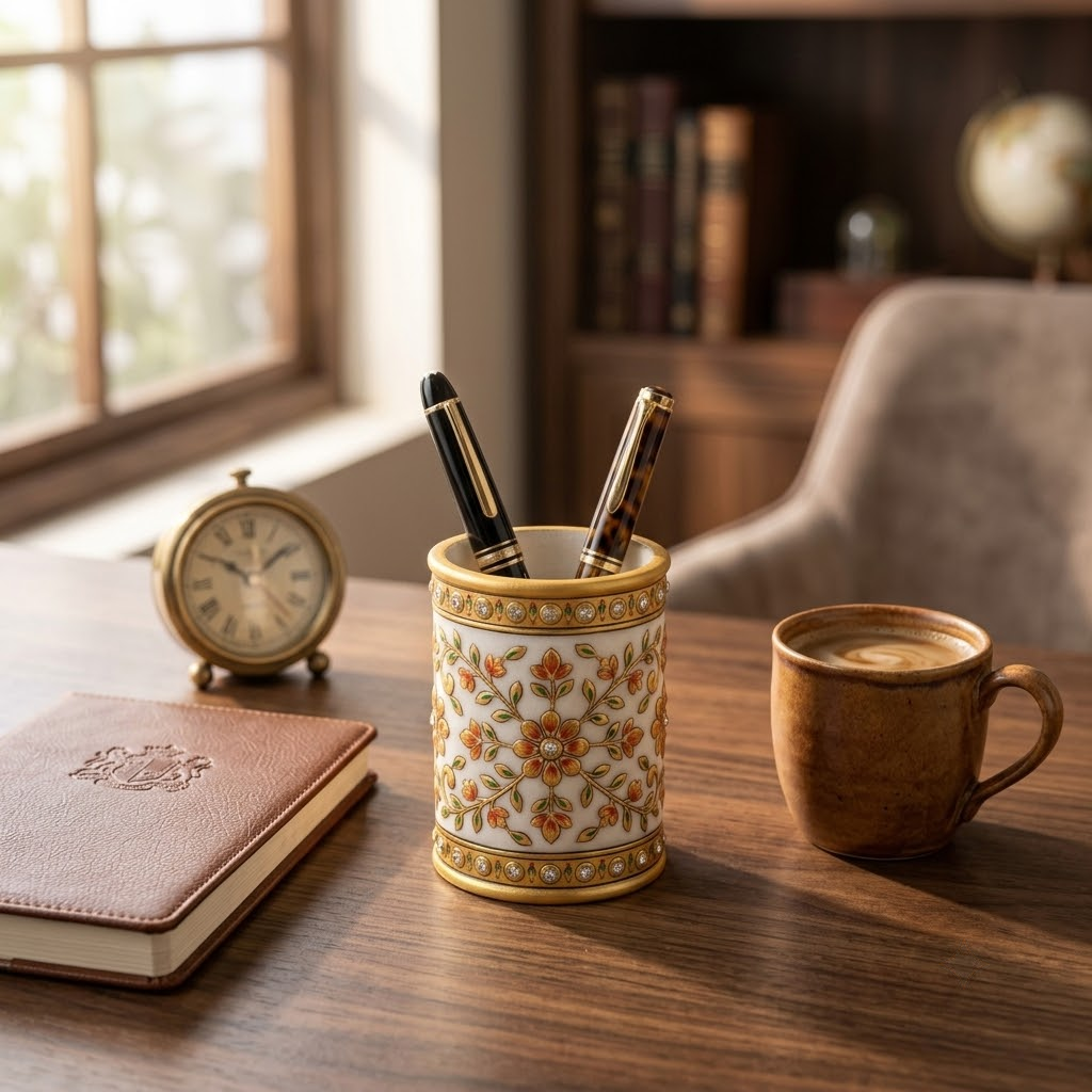 The Imperial Marble Pen & Brush Holder – Lathe-Turned White Marble Desk Organizer with Hand-Painted Mughal-Floral Enamel & Studded Stone Detailing