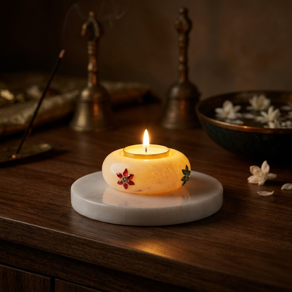 The Oasis Two-Piece Marble Votive Set – Hand-Turned Natural White Marble 5-Inch Tray with Gemstone-Embellished 3-Inch Tealight Holder