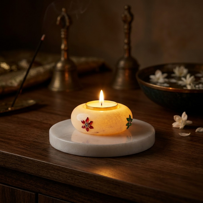 The Oasis Two-Piece Marble Votive Set – Hand-Turned Natural White Marble 5-Inch Tray with Gemstone-Embellished 3-Inch Tealight Holder