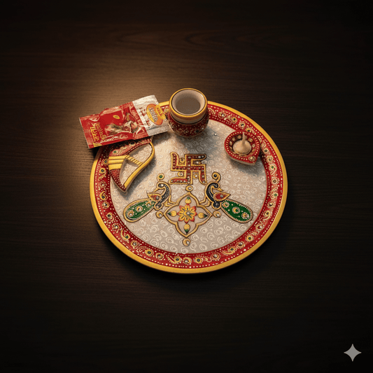 Handcrafted 9-inch white marble pooja thali with vibrant red border Swastik and peacock motifs
