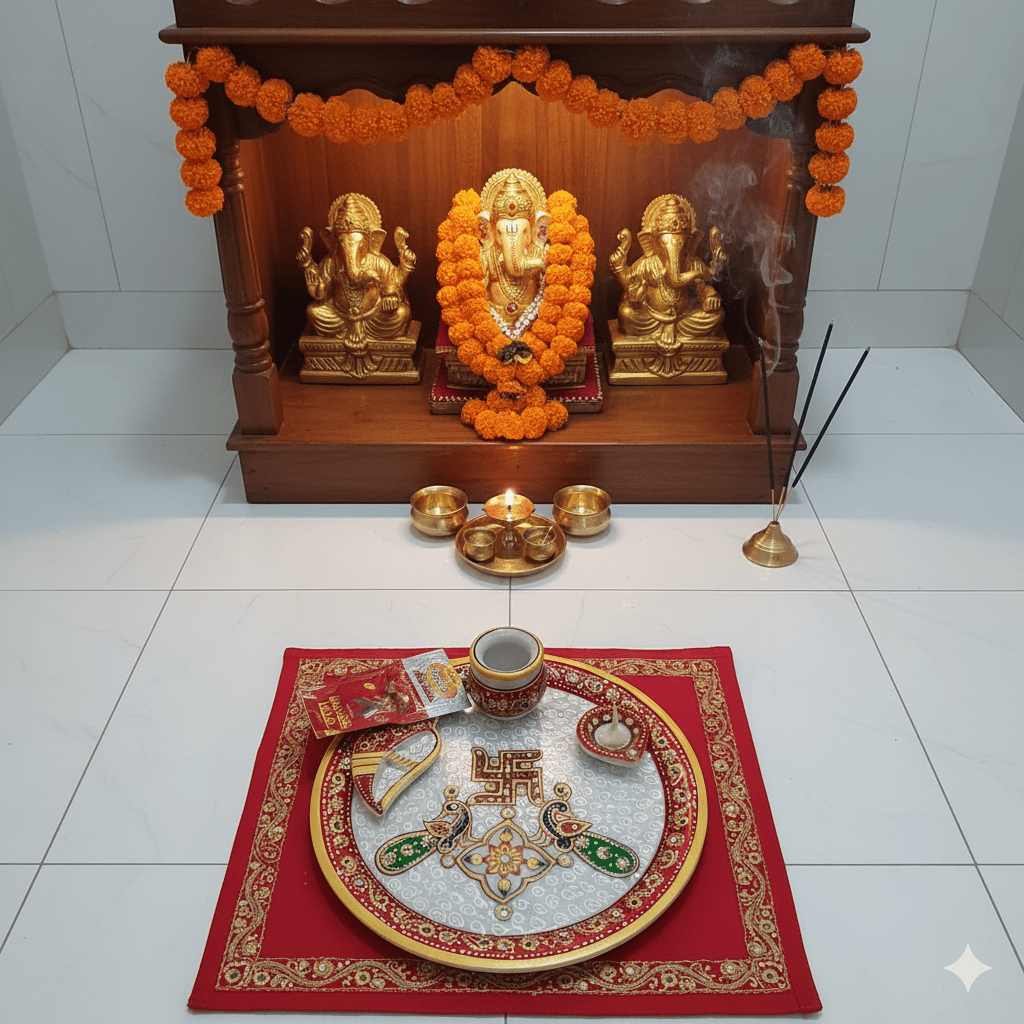 Intricate hand-painted Swastik and peacock artwork on a traditional Rajasthani marble pooja thali