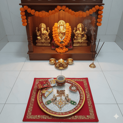 Intricate hand-painted Swastik and peacock artwork on a traditional Rajasthani marble pooja thali