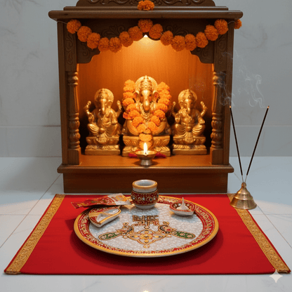 Traditional 9-inch marble pooja plate setup with red border for Diwali and daily home aarti