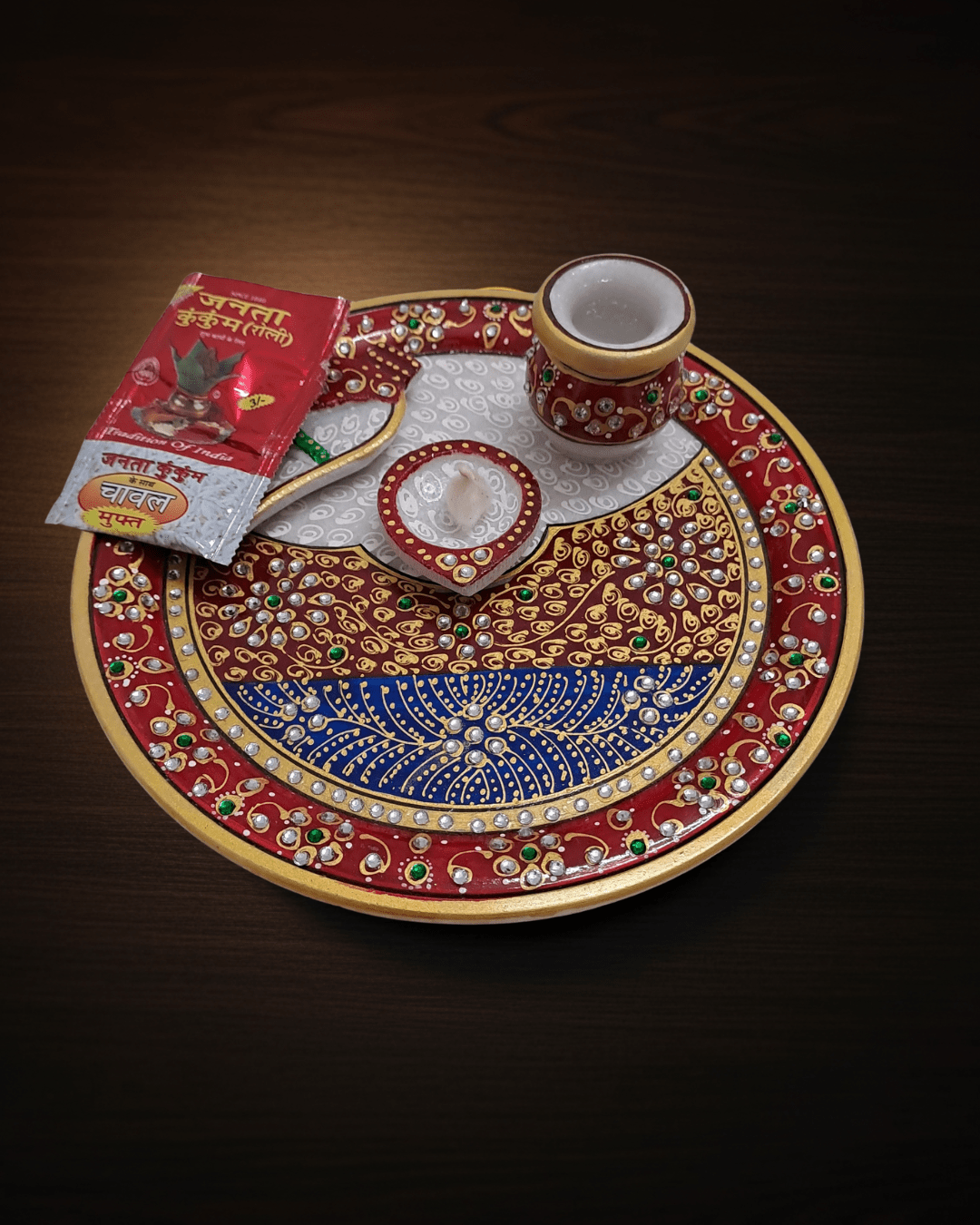 Handcrafted 9-inch white marble pooja thali featuring Royal Mandala design and Kundan work