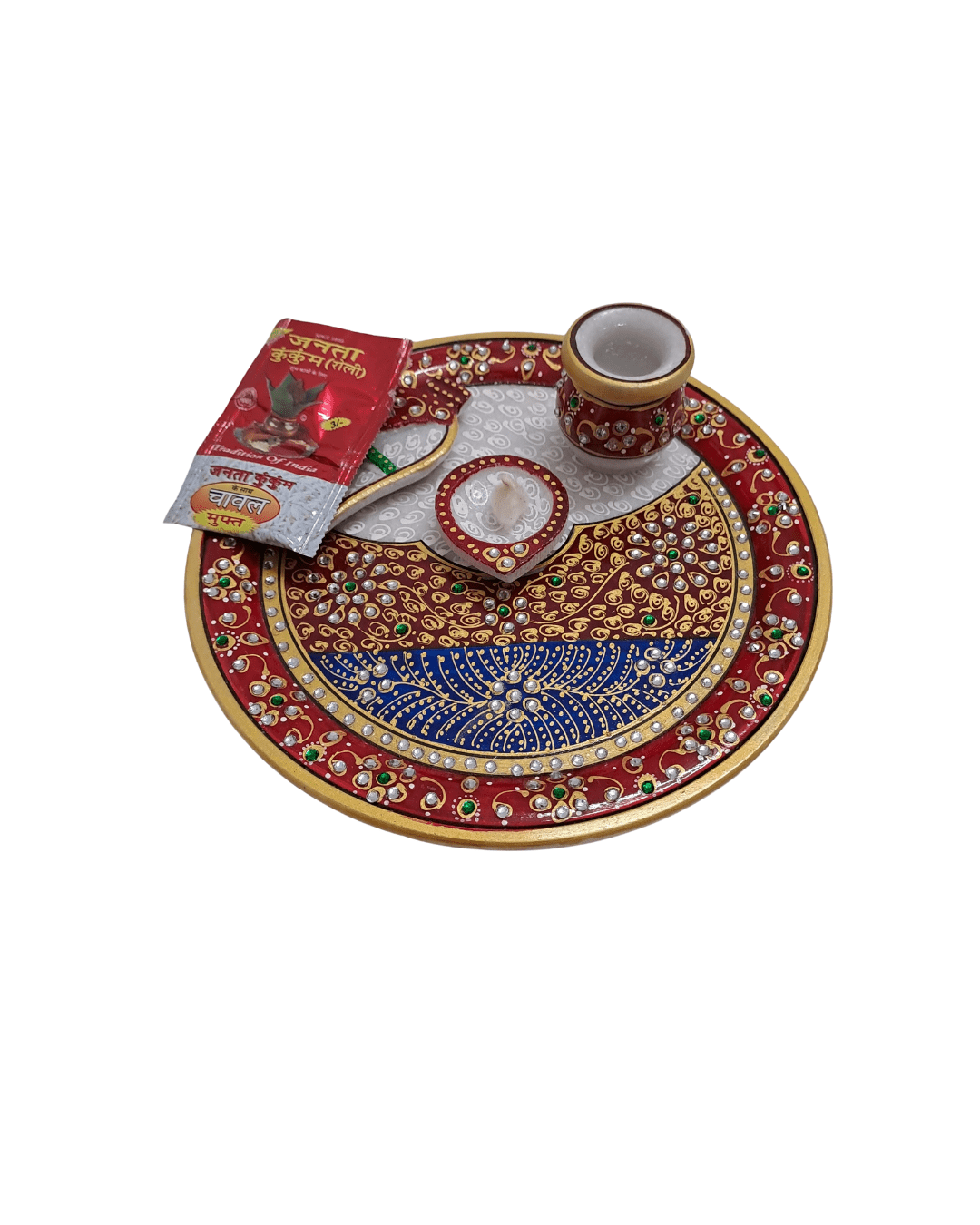 Royal Mandala 9-inch marble pooja plate setup for Diwali and daily home aarti