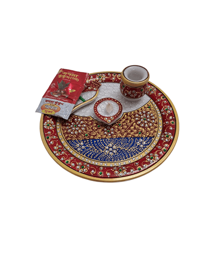 Royal Mandala 9-inch marble pooja plate setup for Diwali and daily home aarti