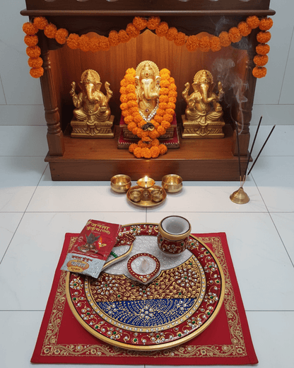 Intricate Meenakari enamel and Kundan stonework on a traditional Rajasthani marble pooja thali