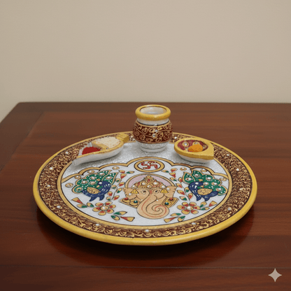 Traditional 9-inch marble pooja thali setup for Diwali and daily home aarti