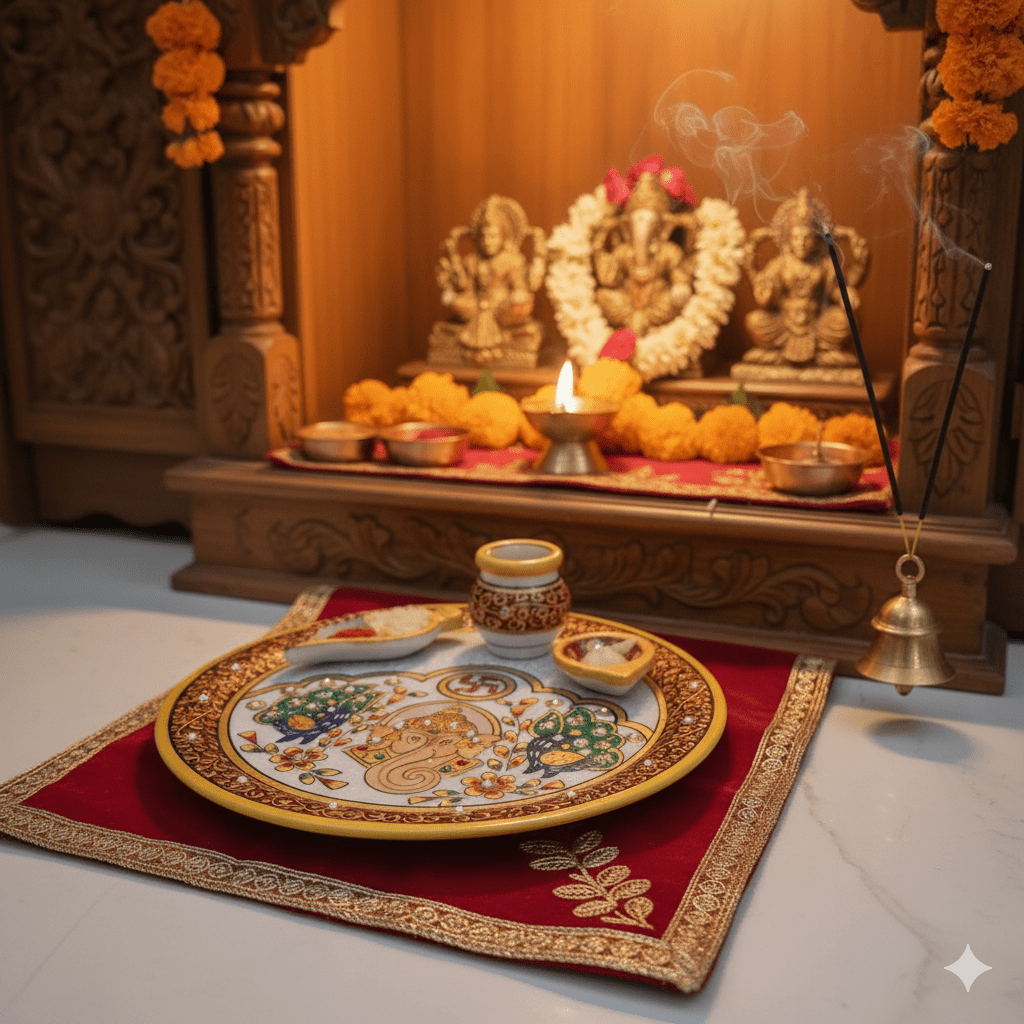 Intricate hand-painted Lord Ganesha and peacock artwork on a traditional marble pooja thali