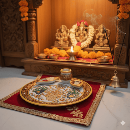 Intricate hand-painted Lord Ganesha and peacock artwork on a traditional marble pooja thali
