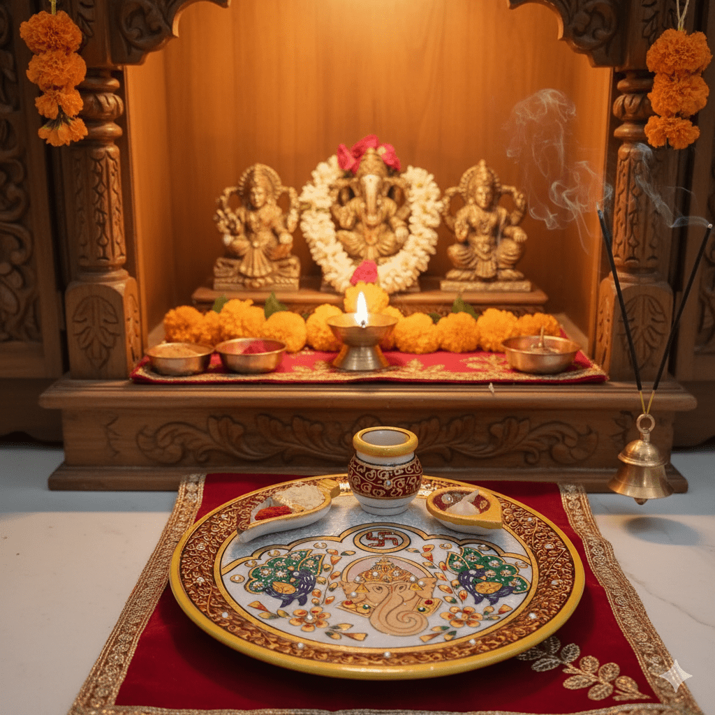 Handcrafted 9-inch white marble pooja thali with vibrant Ganesh and peacock design