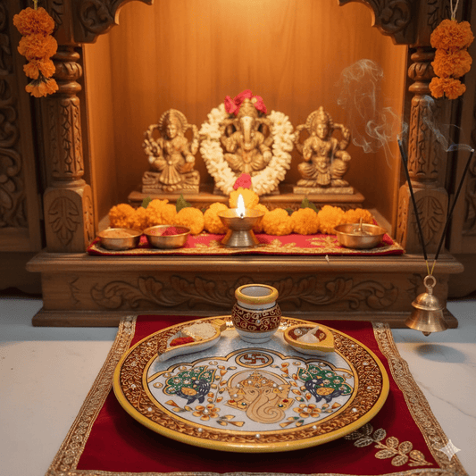 Handcrafted 9-inch white marble pooja thali with vibrant Ganesh and peacock design
