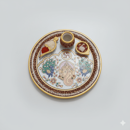 9" Marble Pooja Thali – Handcrafted with Ganesh & Peacock Design | Rajasthani Duniyaa - Rajasthaniduniyaa