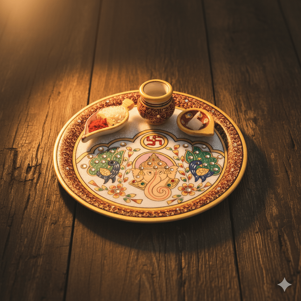 Premium polished natural white marble pooja plate with authentic Rajasthani painting