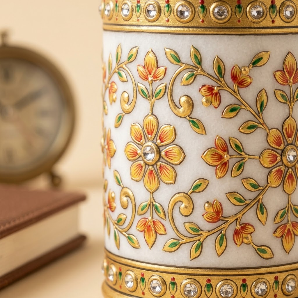 The Imperial Marble Pen & Brush Holder – Lathe-Turned White Marble Desk Organizer with Hand-Painted Mughal-Floral Enamel & Studded Stone Detailing