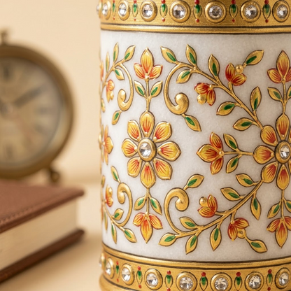 The Imperial Marble Pen & Brush Holder – Lathe-Turned White Marble Desk Organizer with Hand-Painted Mughal-Floral Enamel & Studded Stone Detailing