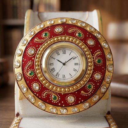 Handcrafted White Marble Smartphone Stand & Desk Organizer (Royal Peacock / Analog Clock)