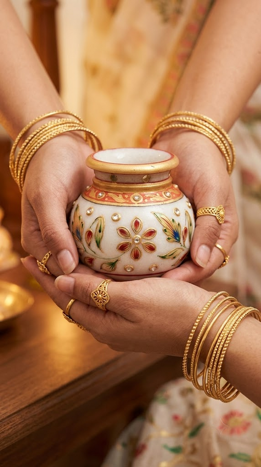 3" Handcrafted MarHandcrafted Pure White Marble Kalash with Coconut Nariyal (3", 4", 5") – Traditional Rajasthani Meenakari & Kundan Work Mangal Kalash for Mandir Pooja